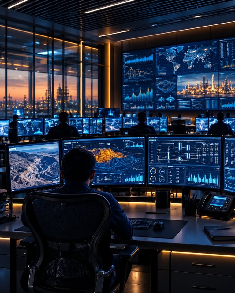 A person at a desk with multiple monitors displaying data analytics and maps, overlooking a cityscape at dusk with blue lighting throughout the office.