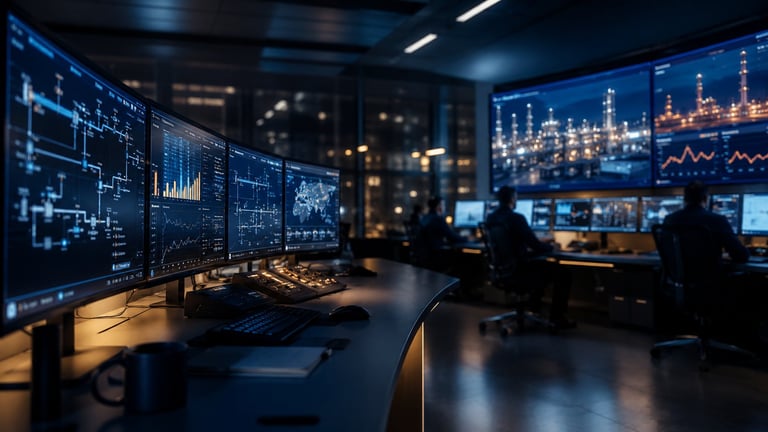 Modern control room with multiple blue-lit monitors displaying data analytics and financial charts, silhouetted operators at workstations