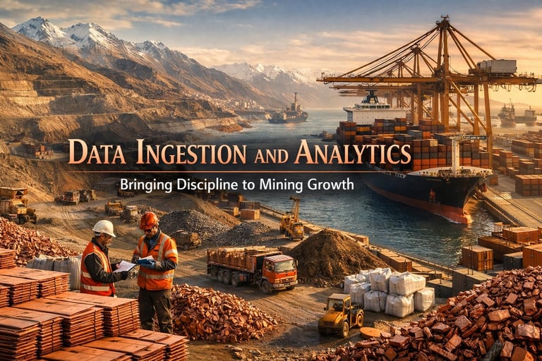 Mining operation with mountain landscape and port terminal. Text overlay reads Data Ingestion and Analytics - Bringing Discipline to Mining Growth