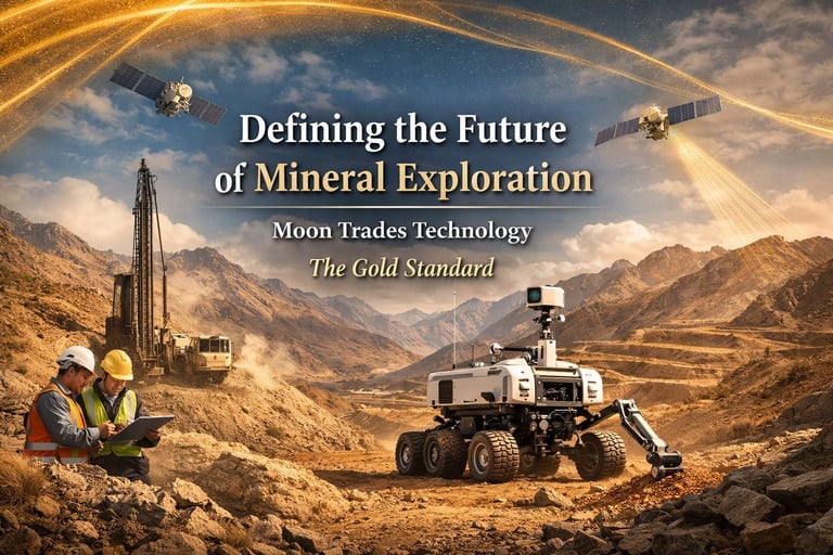 Futuristic mineral exploration scene with mining rover, workers in hard hats, mountain landscape, and satellites orbiting overhead with text about defining future of mineral exploration